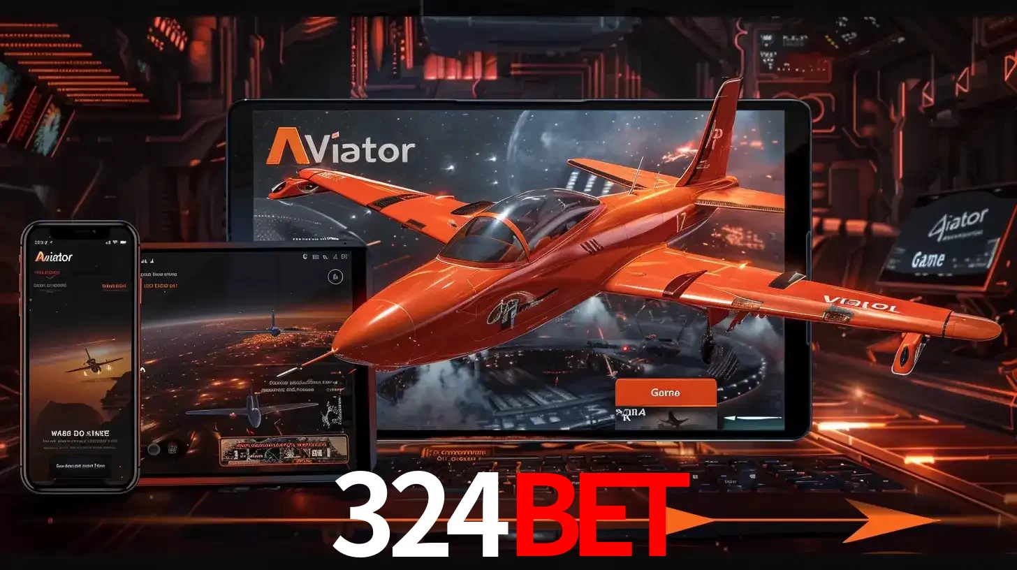 Apresentação tecnológica do jogo Aviator com um avião saindo da tela de um tablet, demonstrando a experiência imersiva em múltiplos dispositivos no 324BET.