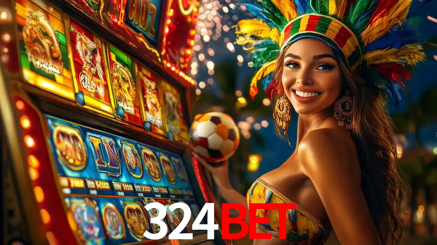 Mulher com um cocar de carnaval ao lado de uma máquina de caça-níqueis enquanto segura uma bola de futebol, mostrando a união da diversão de cassino e esportes no 324BET.