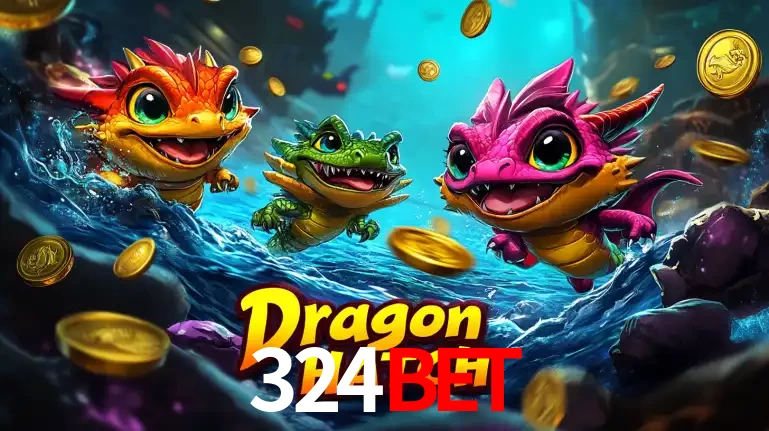 Arte promocional do jogo Dragon Hatch com três adoráveis dragões bebês nadando entre moedas de ouro, um dos slots mais divertidos para jogar no cassino 324BET.