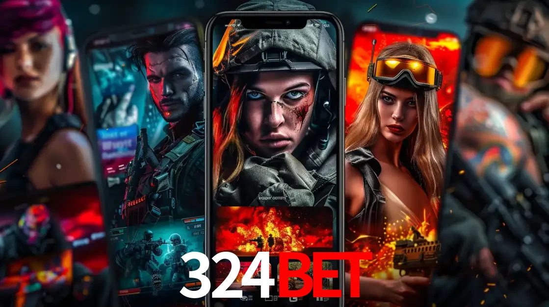 Montagem de telas de celular mostrando diversos personagens, masculinos e femininos, de um jogo de tiro, ilustrando a diversidade de equipes de e-sports para apostar no 324BET.