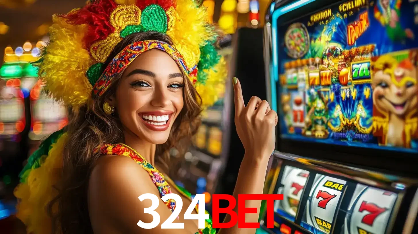 Mulher animada com um cocar de carnaval apontando para uma máquina de caça-níqueis, mostrando a emoção de ganhar um grande prêmio nos jogos do 324BET.