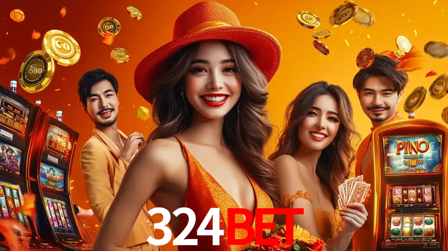 Grupo de amigos asiáticos sorrindo e se divertindo com máquinas de caça-níqueis em um ambiente festivo, celebrando suas vitórias nos jogos de cassino do 324BET.