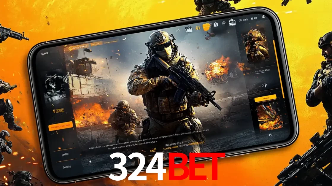 Um smartphone exibindo a interface de um jogo de tiro em primeira pessoa, com um soldado em um cenário de batalha, representando a ação dos e-sports para apostar no 324BET.