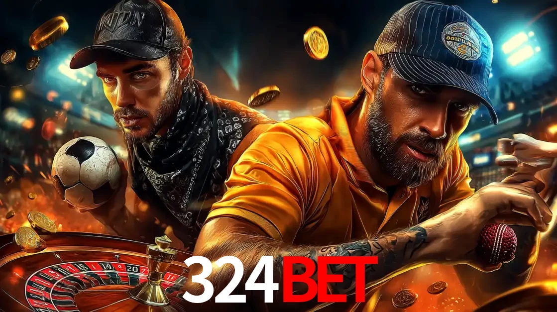 Montagem de apostas esportivas e cassino no 324BET, com um homem segurando uma bola de futebol e outro uma de beisebol sobre uma roleta e moedas voadoras.