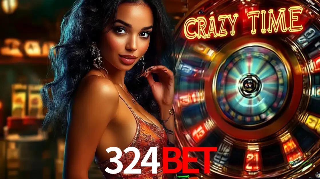 Mulher elegante ao lado da vibrante roda da fortuna do jogo de cassino ao vivo Crazy Time, um dos game shows mais populares e cheios de prêmios do 324BET.
