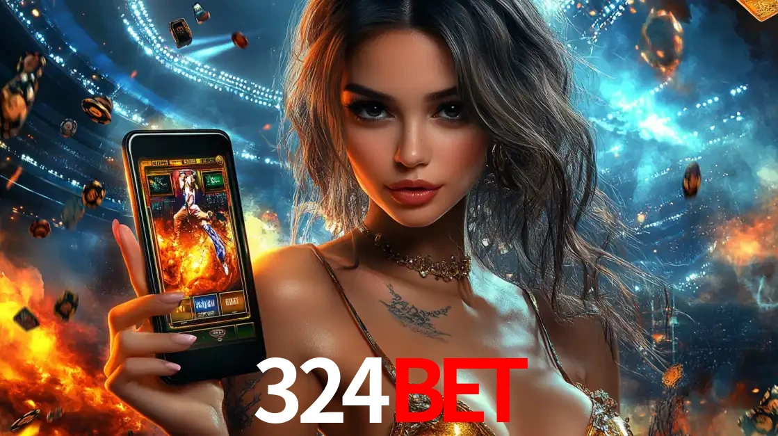 Mulher segurando um celular com um jogo de slot em destaque, tendo como fundo um estádio vibrante, simbolizando a emoção de jogar no cassino móvel 324BET.