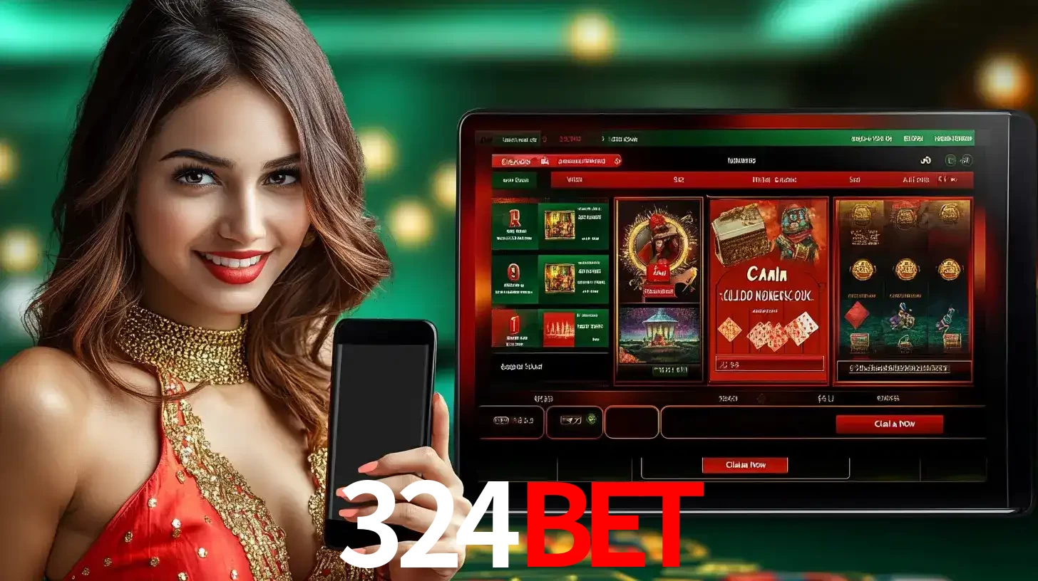 Mulher sorridente segurando um smartphone, ao lado de uma tela exibindo o lobby de jogos do cassino online 324BET, com várias opções de jogos de cartas e slots.